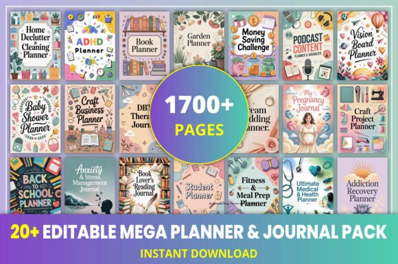 Download 20+Editable Mega Planner &amp; Journal Pack - Premium Resources